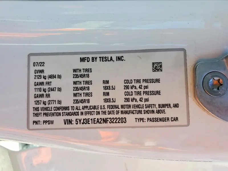 2022 TESLA MODEL 3   
