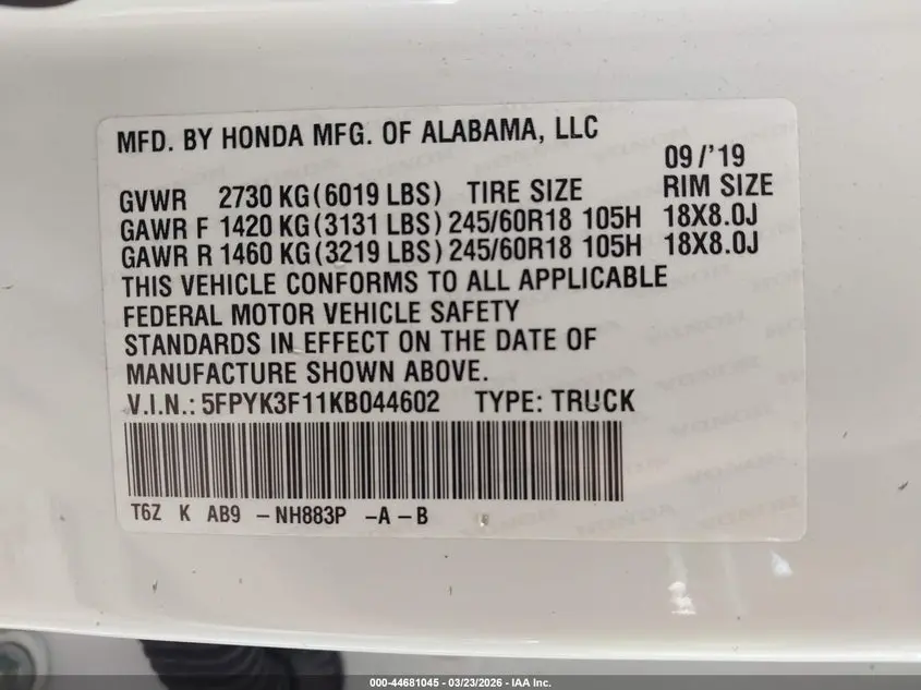2019 HONDA RIDGELINE SPORT