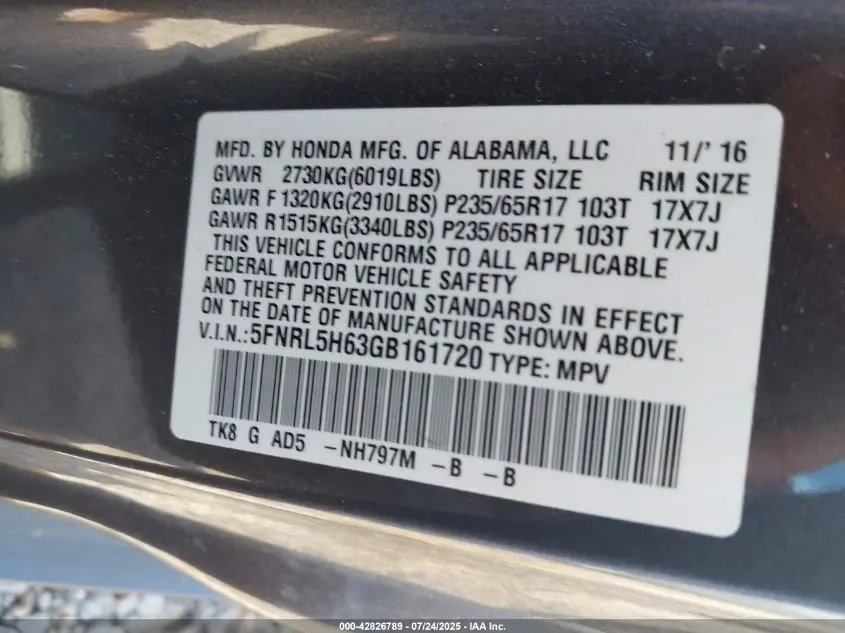 2016 HONDA ODYSSEY EX-L