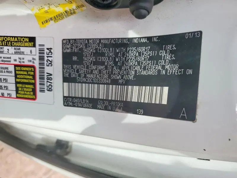 2013 TOYOTA SIENNA XLE 8-PASSENGER  