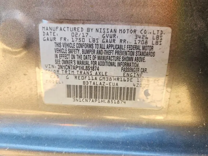 2017 NISSAN VERSA 1.6 S PLUS  