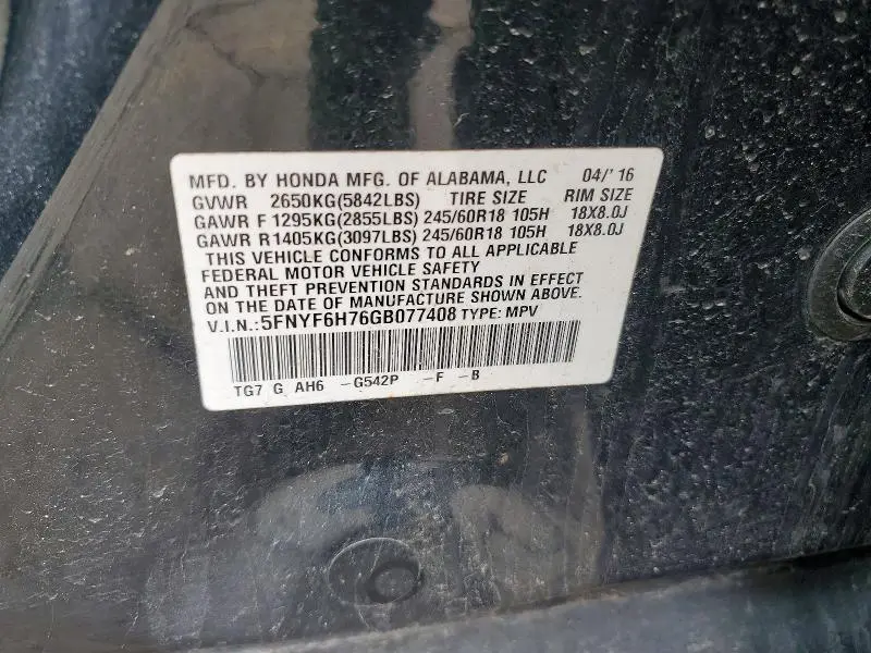 2016 HONDA PILOT EXLN  
