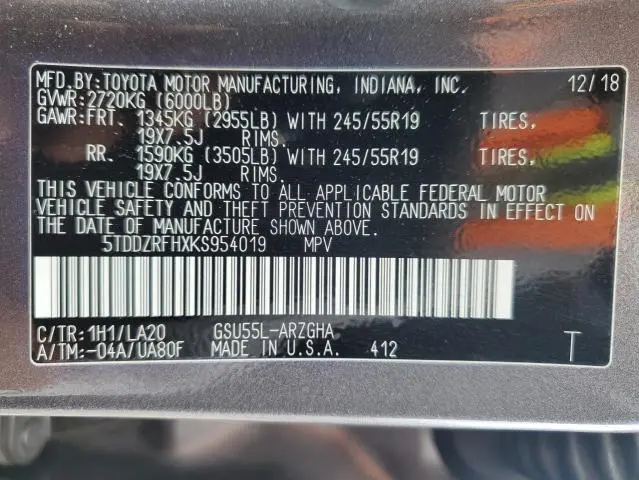 2019 TOYOTA HIGHLANDER LIMITED  