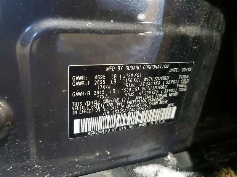 2019 SUBARU OUTBACK 2.5I PREMIUM  