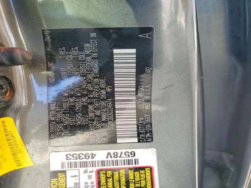 2012 TOYOTA SIENNA XLE 8-PASSENGER  