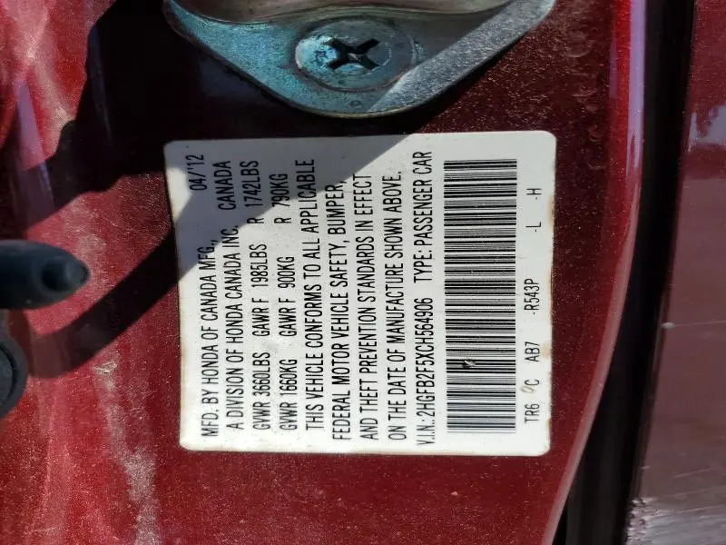 2012 HONDA CIVIC LX  