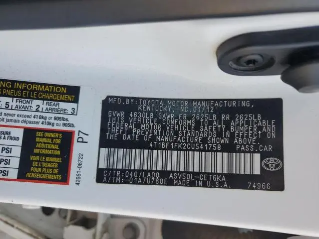 2012 TOYOTA CAMRY BASE  