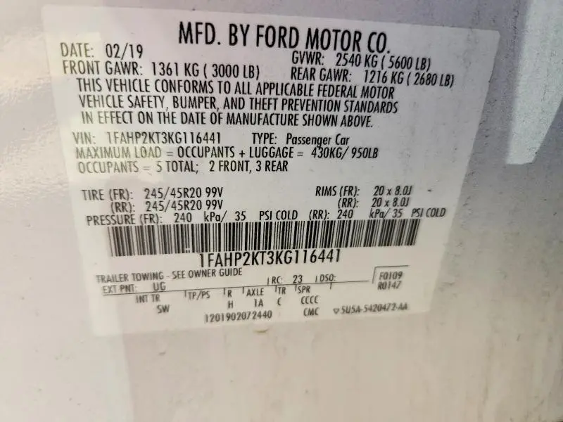 2019 FORD TAURUS SHO  