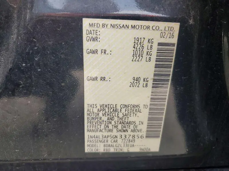 2016 NISSAN ALTIMA 2.5 S  