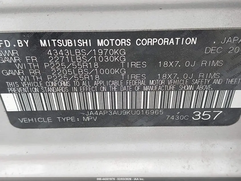 2019 MITSUBISHI OUTLANDER SPORT 2.0 ES/2.0 LE/2.0 SP