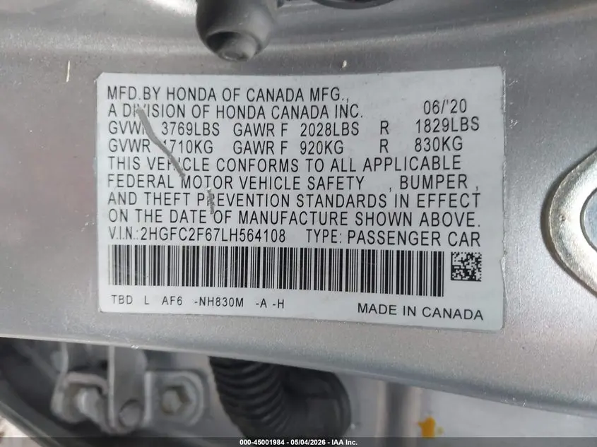 2020 HONDA CIVIC LX