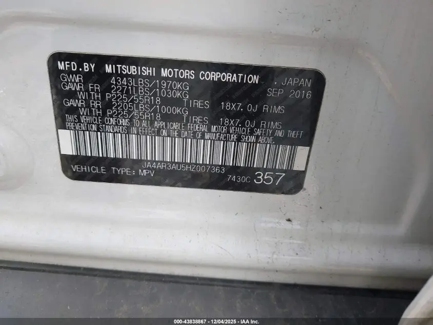 2017 MITSUBISHI OUTLANDER SPORT 2.0 LE