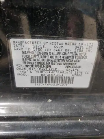 2016 NISSAN VERSA S  