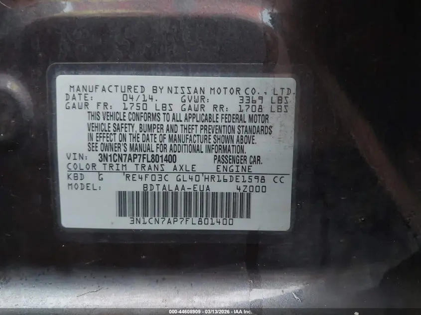 2015 NISSAN VERSA 1.6 S