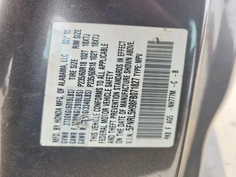 2015 HONDA ODYSSEY TOURING  