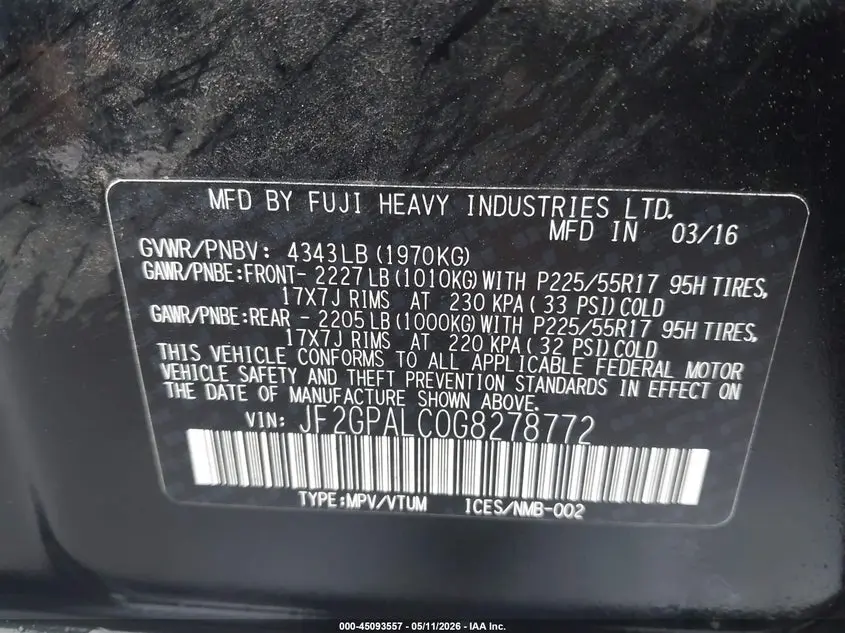 2016 SUBARU CROSSTREK 2.0I LIMITED