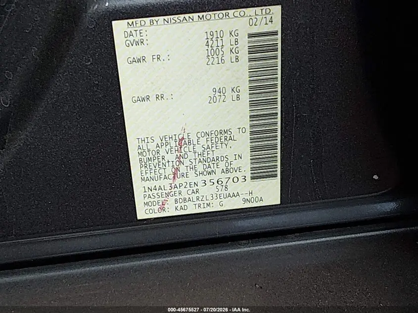2014 NISSAN ALTIMA 2.5 S