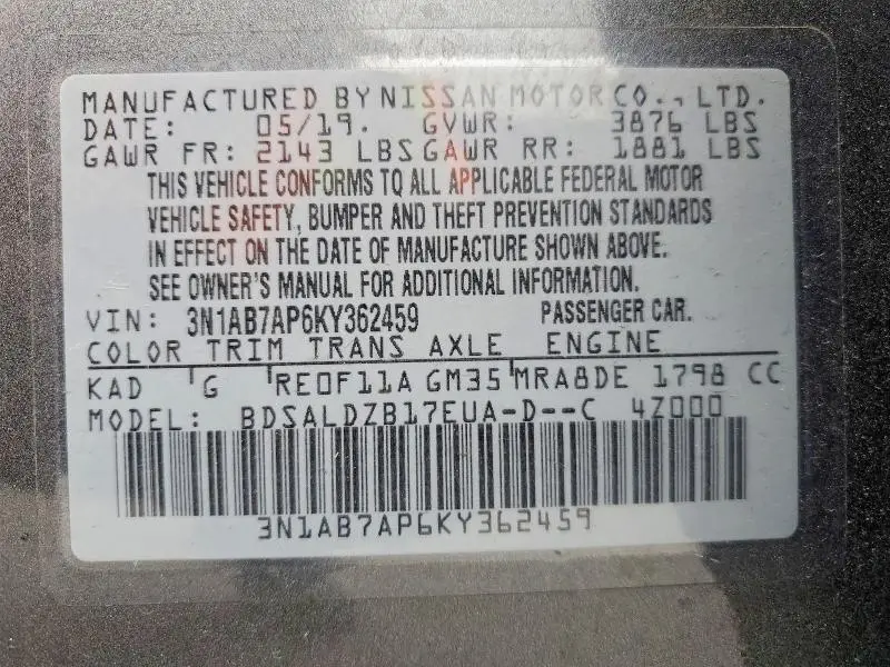 2019 NISSAN SENTRA SV  