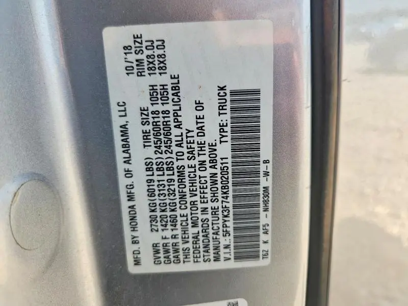 2019 HONDA RIDGELINE RTL  