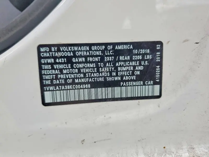 2019 VOLKSWAGEN PASSAT WOLFSBURG  