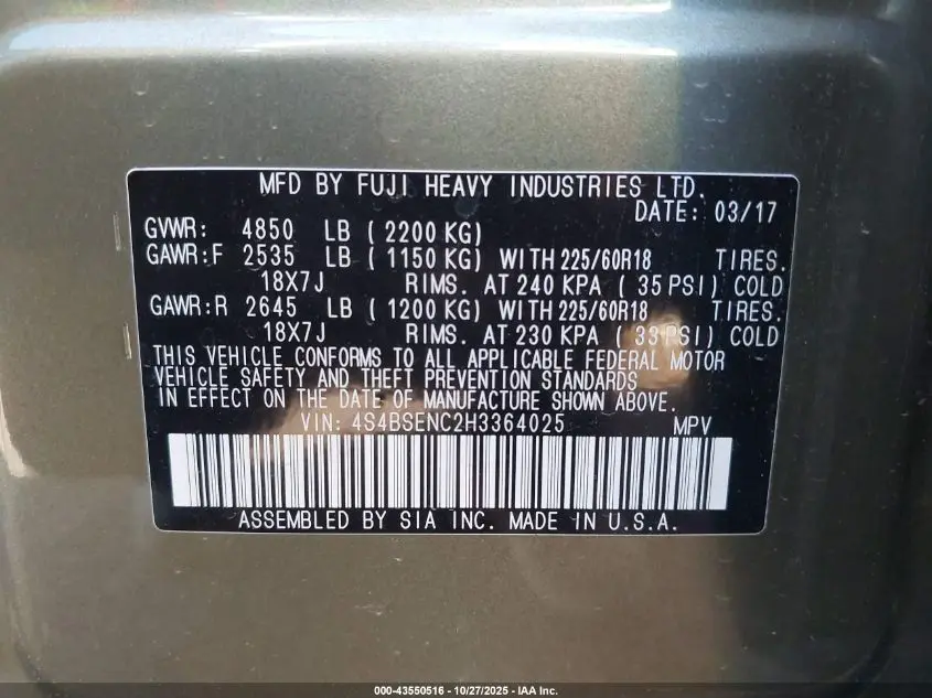 2017 SUBARU OUTBACK 3.6R LIMITED