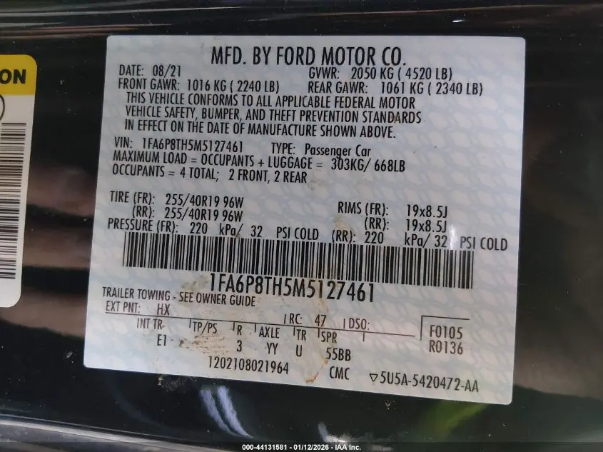 2021 FORD MUSTANG ECOBOOST PREMIUM FASTBACK