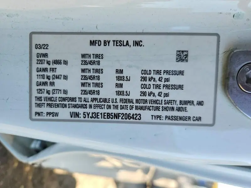 2022 TESLA MODEL 3   