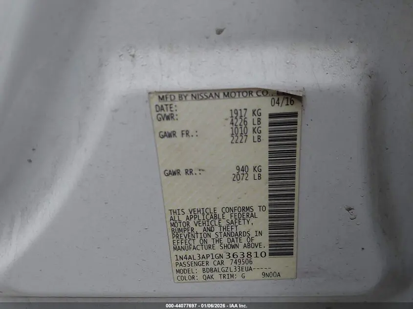 2016 NISSAN ALTIMA 2.5/2.5 S/2.5 SL/2.5 SR/2.5 SV