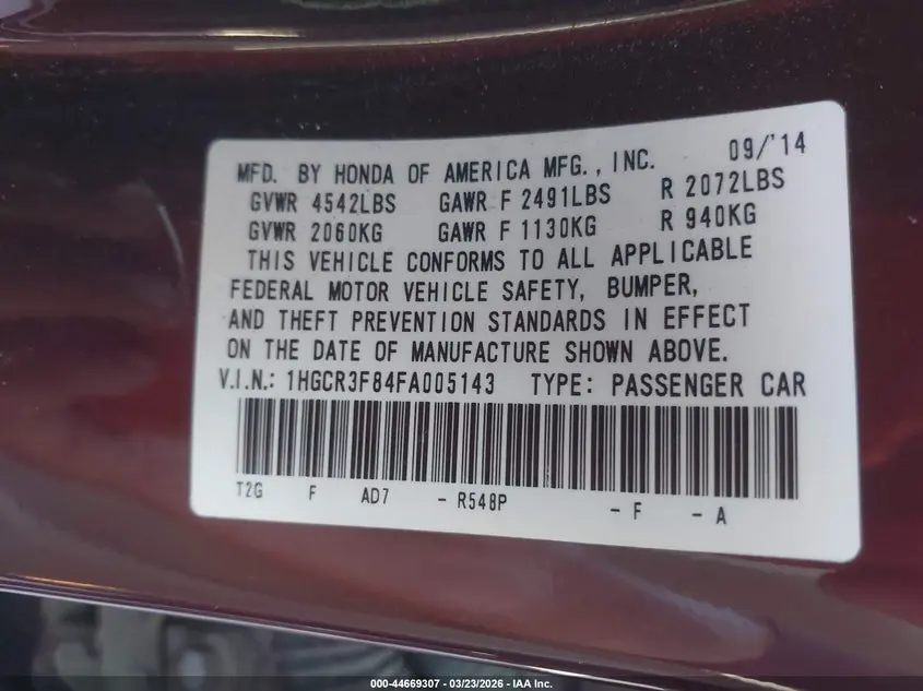 2015 HONDA ACCORD EX-L V-6