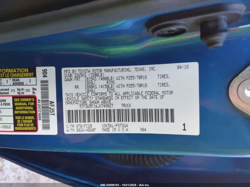 2018 TOYOTA TUNDRA SR5 5.7L V8