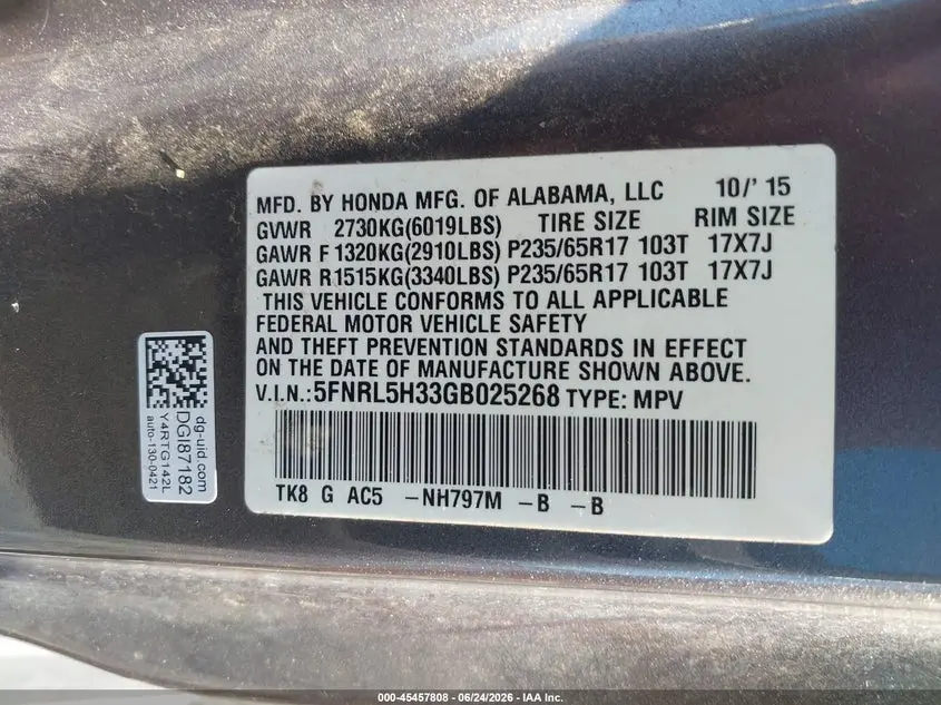 2016 HONDA ODYSSEY SE