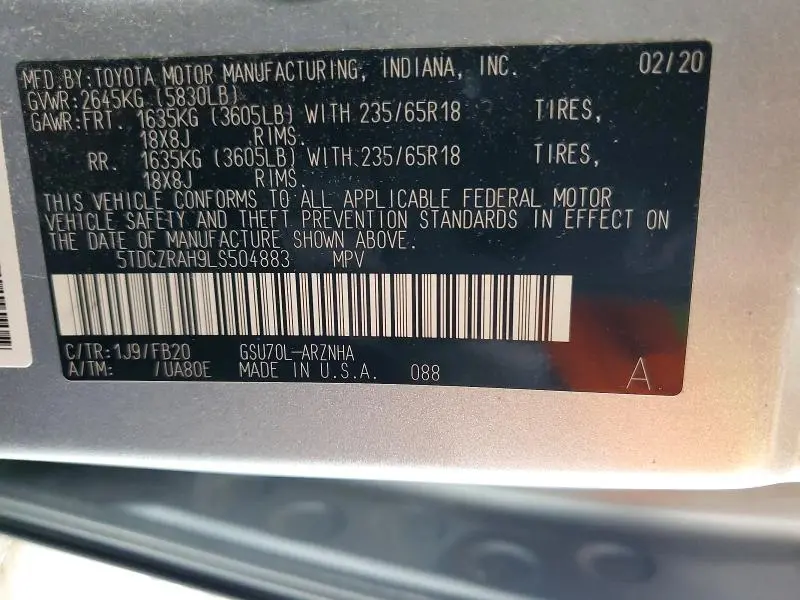 2020 TOYOTA HIGHLANDER L  