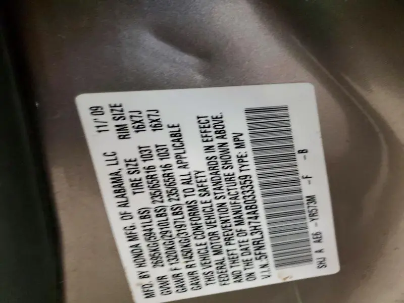 2010 HONDA ODYSSEY EXL  