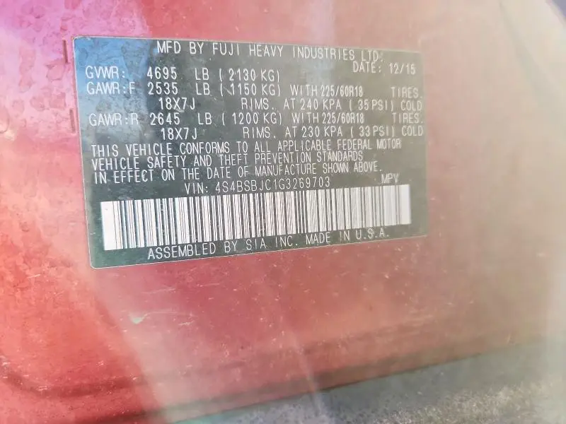 2016 SUBARU OUTBACK 2.5I LIMITED  