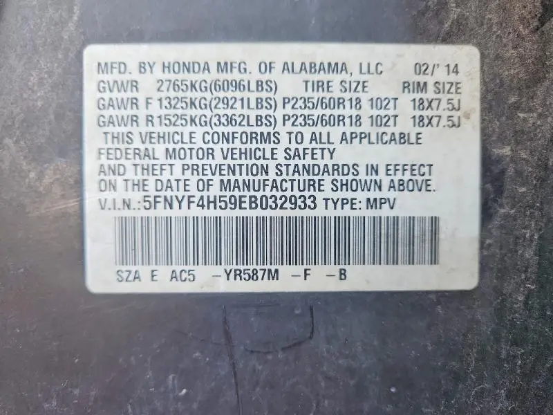 2014 HONDA PILOT EXL  