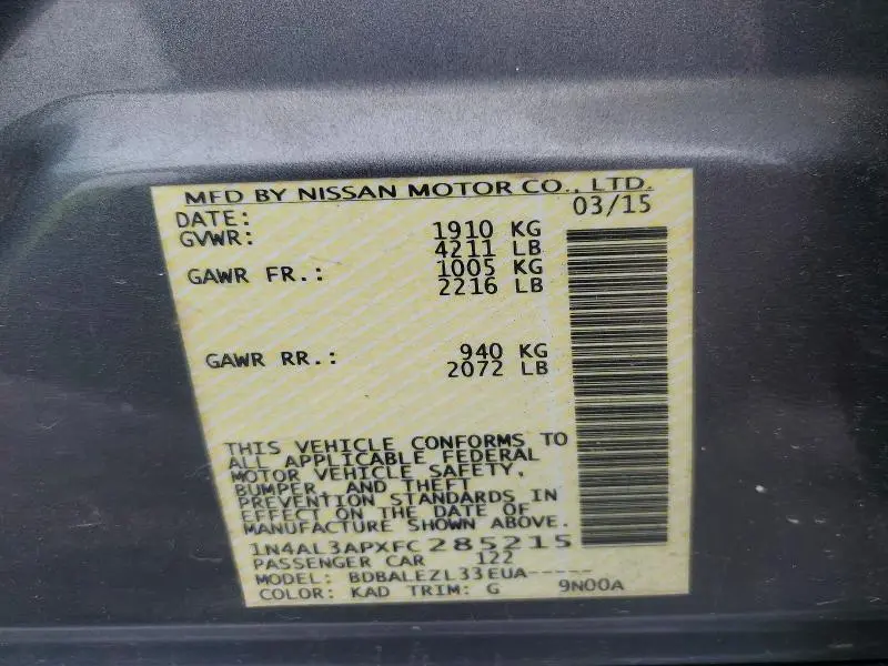 2015 NISSAN ALTIMA 2.5 S  