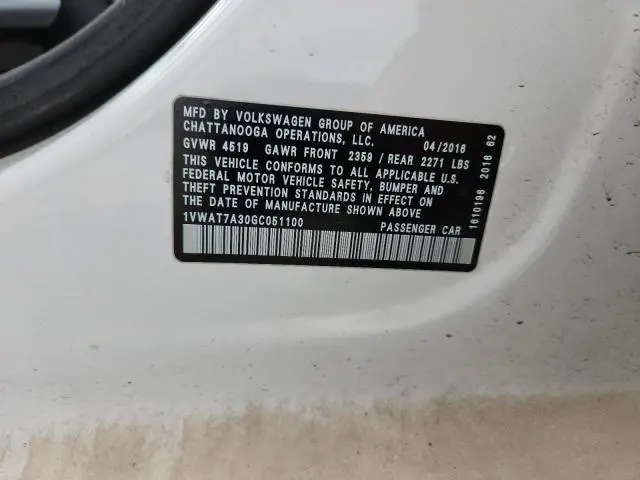 2016 VOLKSWAGEN PASSAT S  