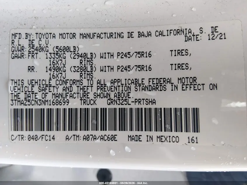 2022 TOYOTA TACOMA SR5 V6