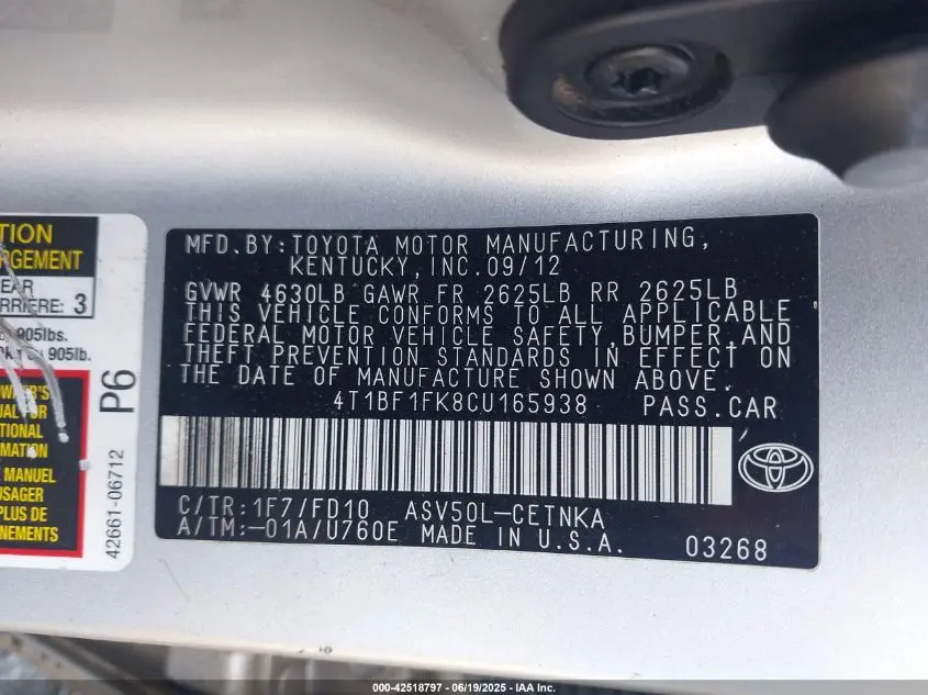 2012 TOYOTA CAMRY LE