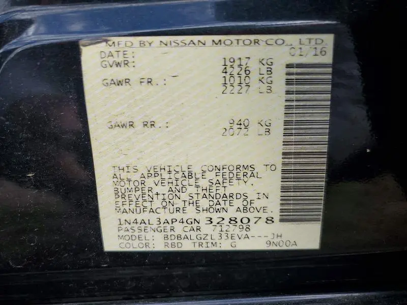 2016 NISSAN ALTIMA 2.5 S  