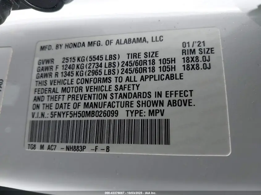 2021 HONDA PILOT 2WD EX-L
