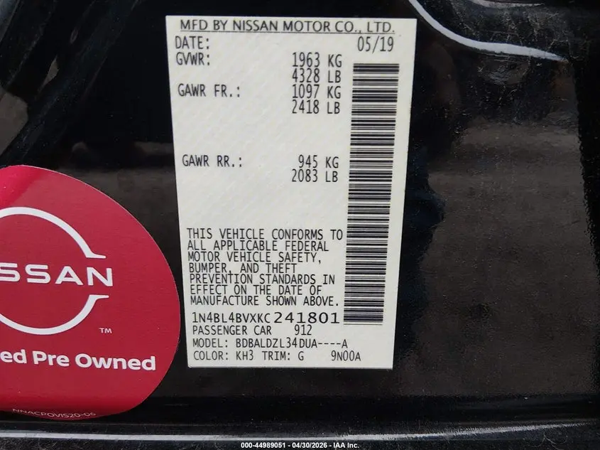 2019 NISSAN ALTIMA 2.5 S