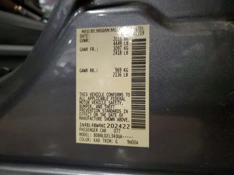 2019 NISSAN ALTIMA S  