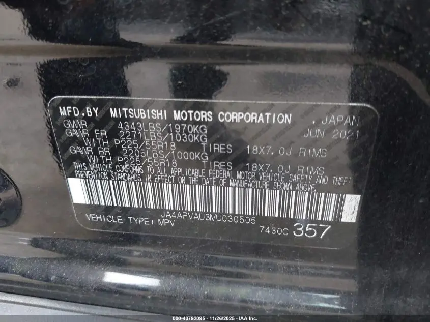 2021 MITSUBISHI OUTLANDER SPORT 2.0 SE 2WD