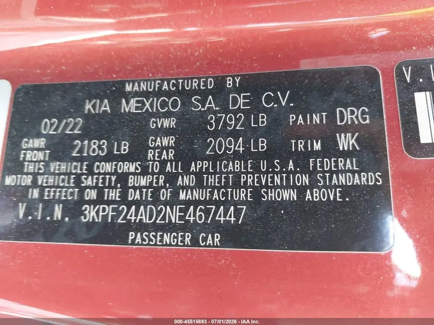 2022 KIA FORTE LXS