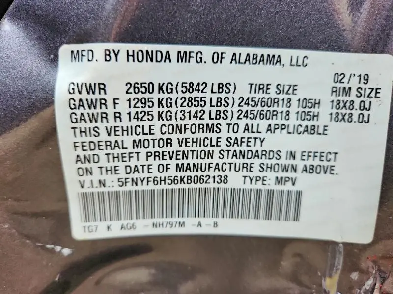 2019 HONDA PILOT EXL  