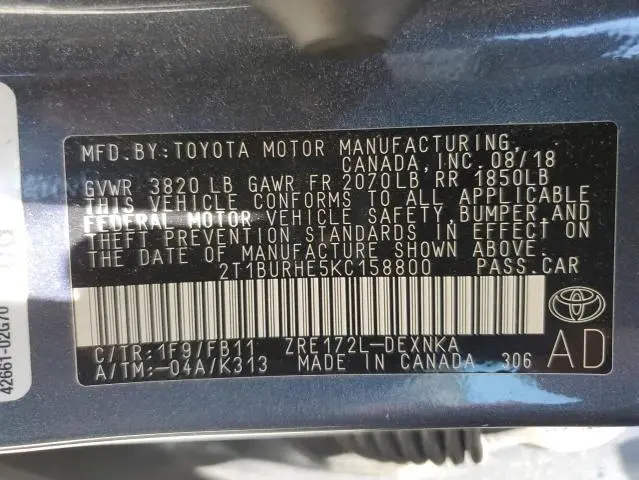 2019 TOYOTA COROLLA L  
