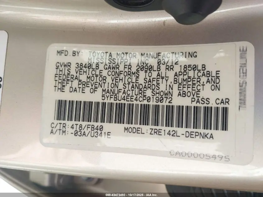 2012 TOYOTA COROLLA LE