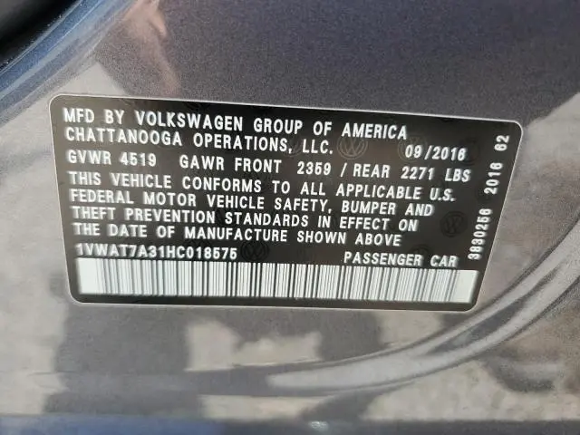 2017 VOLKSWAGEN PASSAT S  