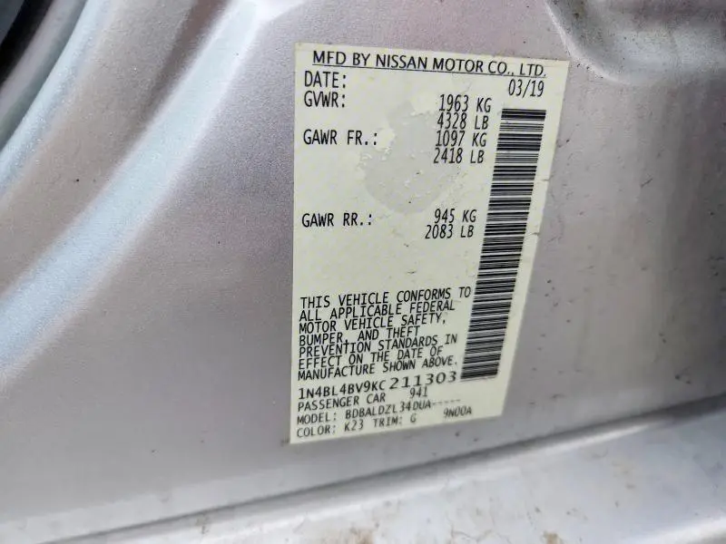 2019 NISSAN ALTIMA S  